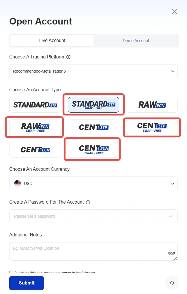 image 15 VT Markets Open Account form tabs for Live Account and Demo Account with several trading platform logos some outlined in red to choose from currency USD password field notes area and a Submit button at bottom