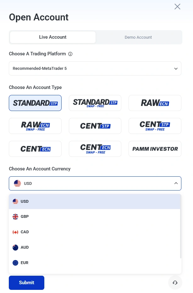 Open Account dialog with Live Account tab active and form fields below