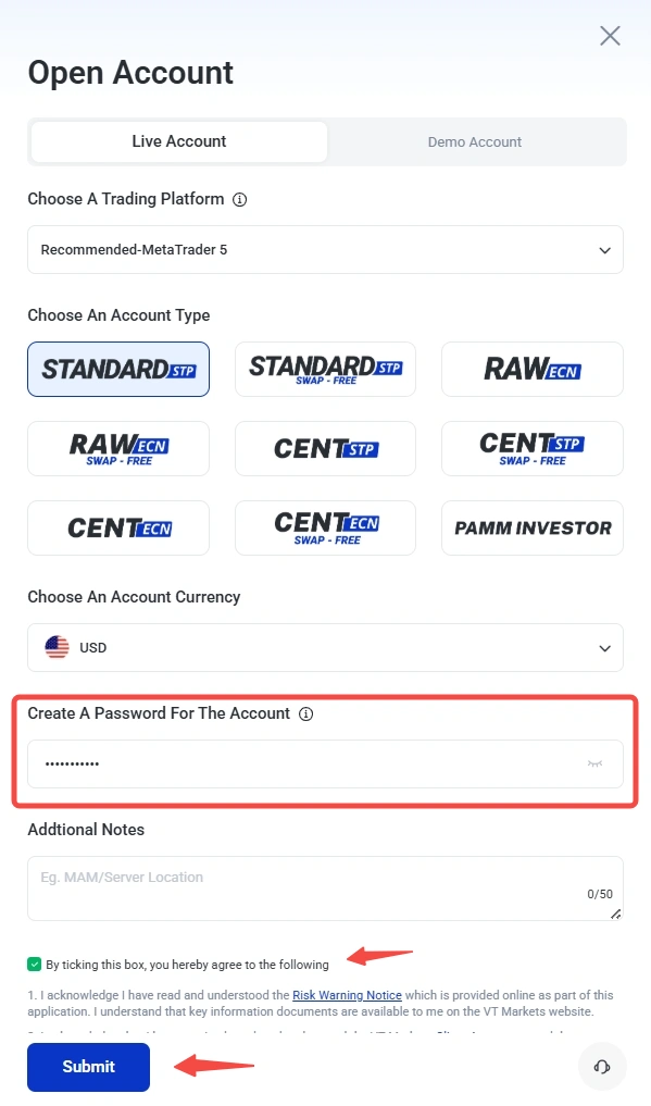 Open Account form Live Account selected choose trading platform and account type currency password field notes terms checkbox and Submit button