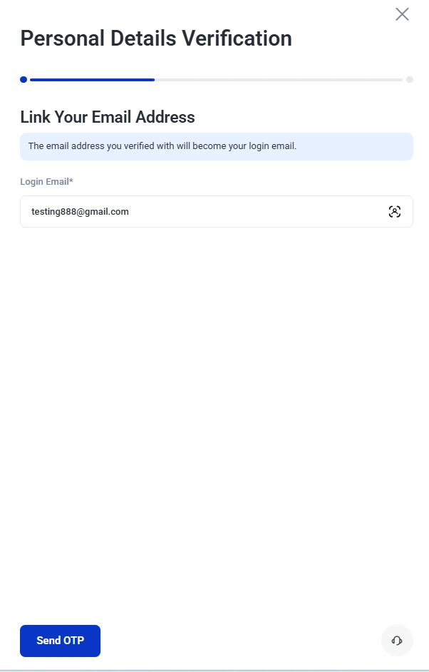 Verification modal titled Personal Details Verification with a progress bar a Login Email field prefilled as testing888gmailcom and a Send OTP button at the bottom