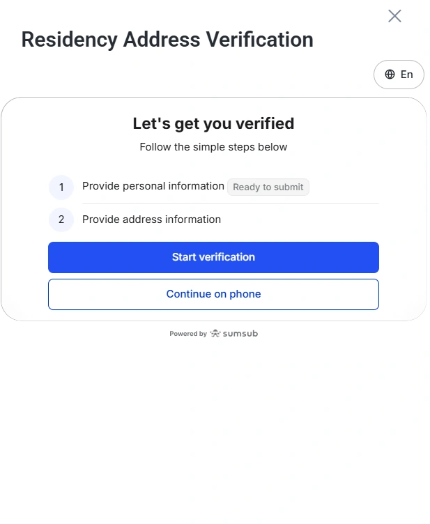 Modal titled Residency Address Verification with steps to provide personal and address information and actions Start Verification and Continue on phone