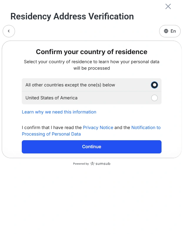 Verification dialog titled Residency Address Verification with two country options All other countries and United States of America plus info links and a blue Continue button powered by Sumsub