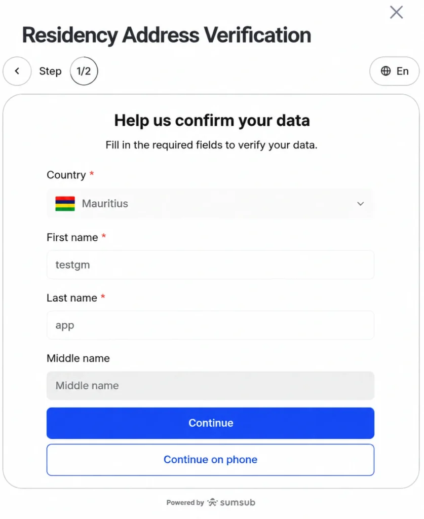 Residency Address Verification form on mobile country Mauritius selected first name testgm last name app middle name field and blue Continue buttons