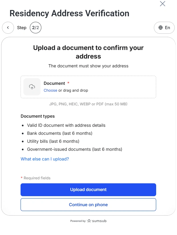 Modal titled Residency Address Verification step 22 with a drag and drop upload area for documents and action buttons at the bottom