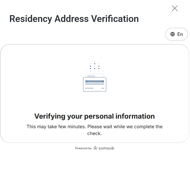 Verification dialog for Residency Address Verification with a card icon and the text Verifying your personal information indicating a data check in progress