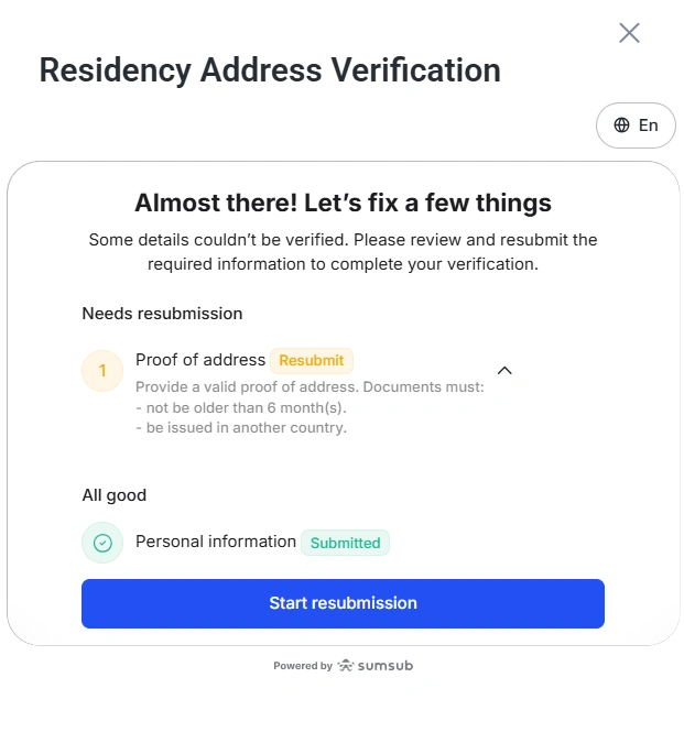 Modal titled Residency Address Verification showing a checklist needs resubmission for proof of address and a status of Submitted for personal information with a blue Start resubmission button