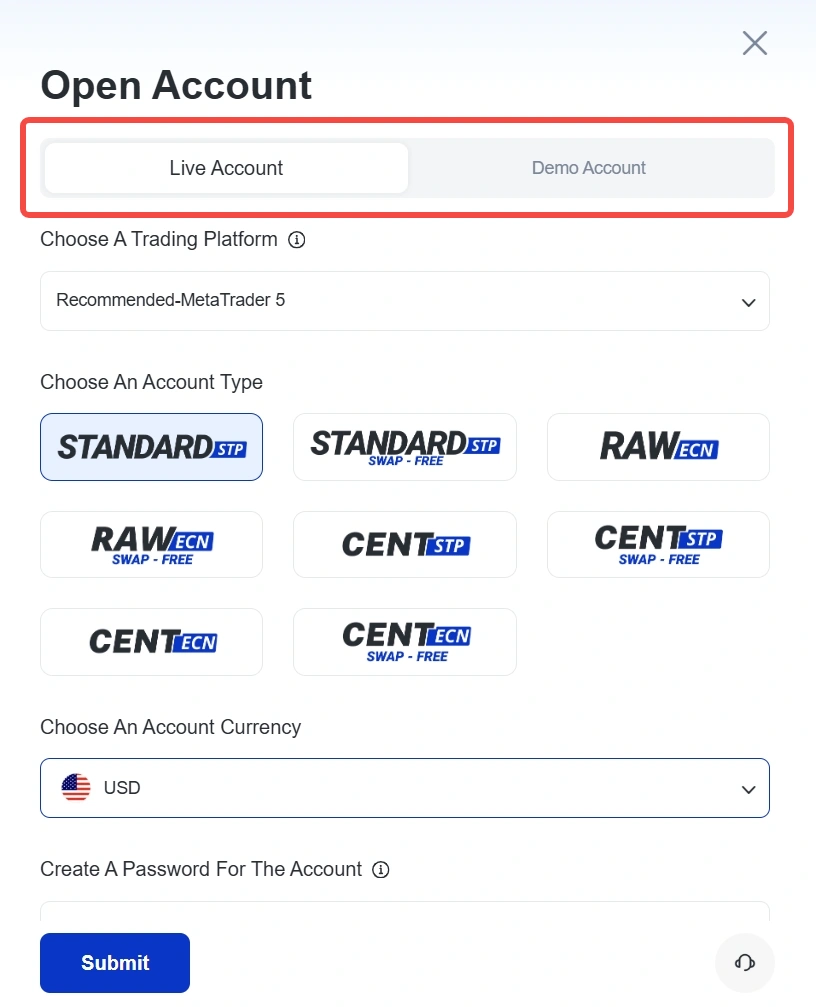 image 27 VT Markets Open Account form choose Live or Demo select platform and account type currency then create password and submit