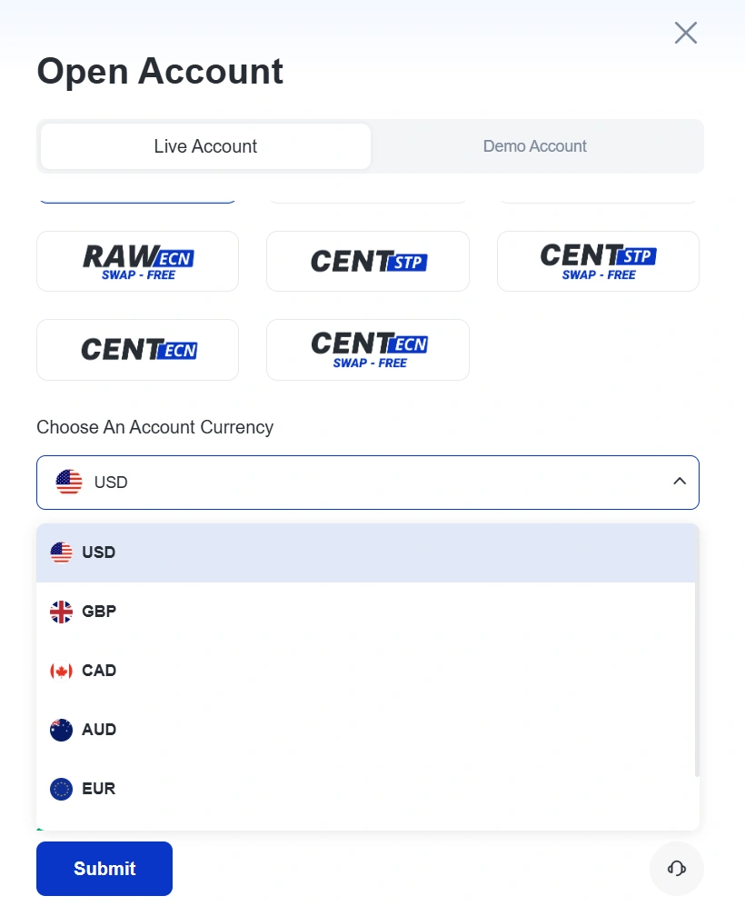image 28 VT Markets Open Account dialog with Live Account tab selected and currency options below USD highlighted