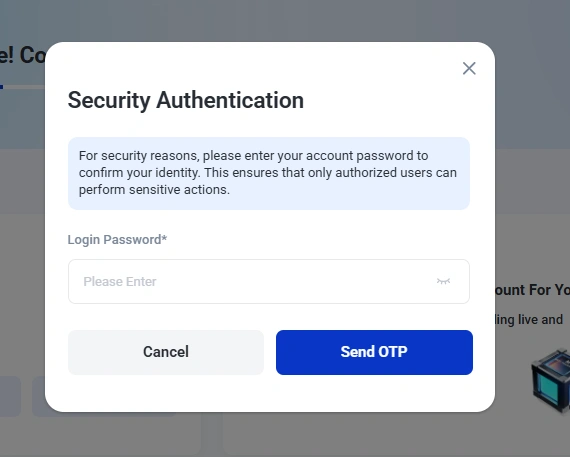 Popup titled Security Authentication with instruction text a password field labeled Login Password and Cancel and Send OTP buttons