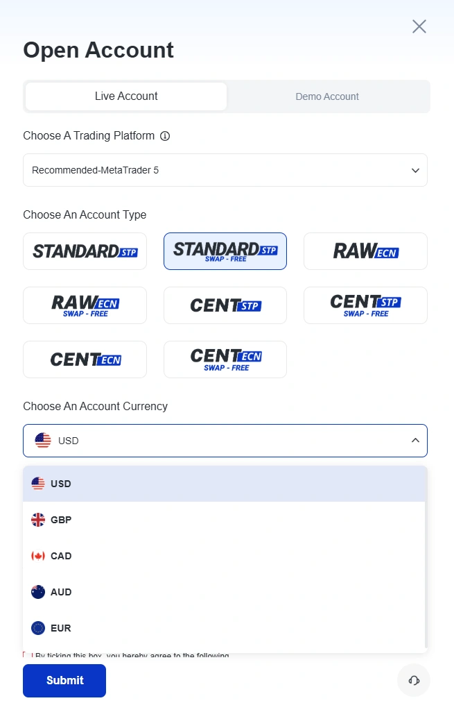 image 38 VT Markets Open Account dialog with Live Account selected and Demo Account tab visible form to choose trading platform account type and currency