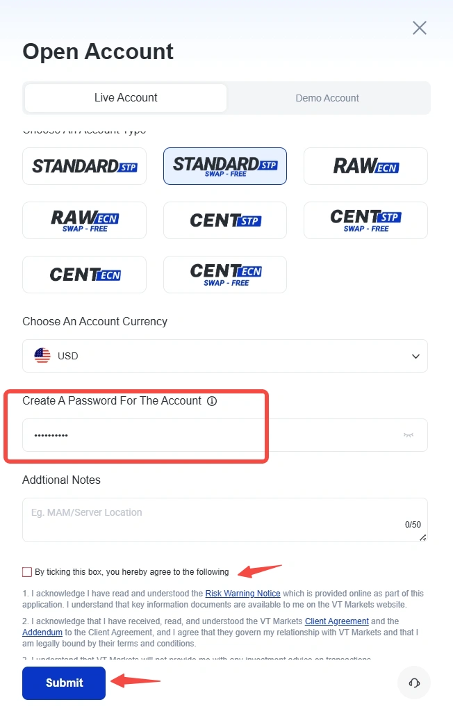 image 39 VT Markets Open Account form with Live Account selected USD currency password field visible and Submit button ready to press