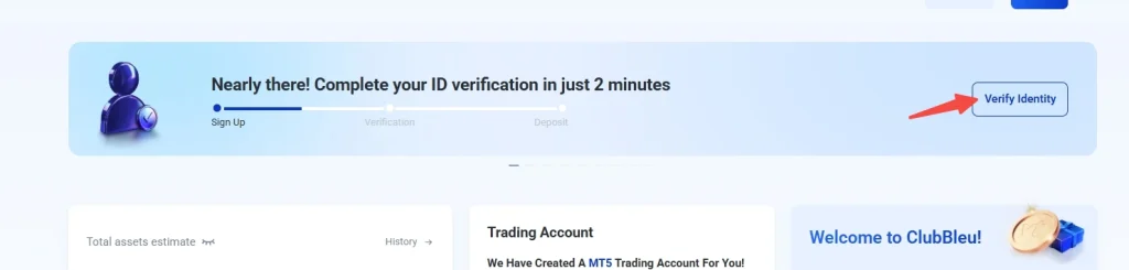 Panel banner prompting ID verification progress bar showing Sign Up → Verification → Deposit with a blue Verify Identity button on the right and a purple user icon on the left
