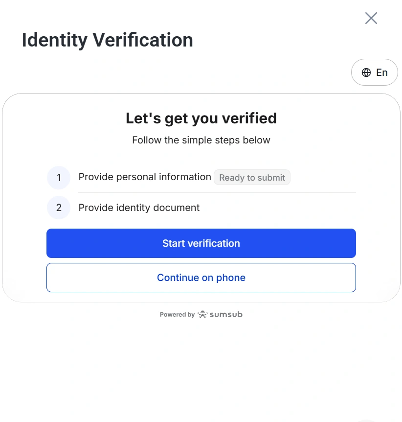 Identity Verification modal with two steps 1 Provide personal information 2 Provide identity document blue Start verification button and Continue on phone button