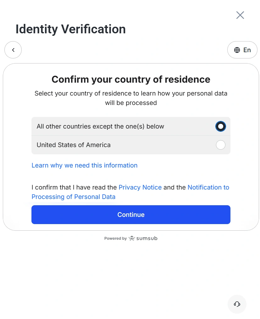 Identity Verification modal confirm country of residence with All other countries selected and US option unselected Continue button below