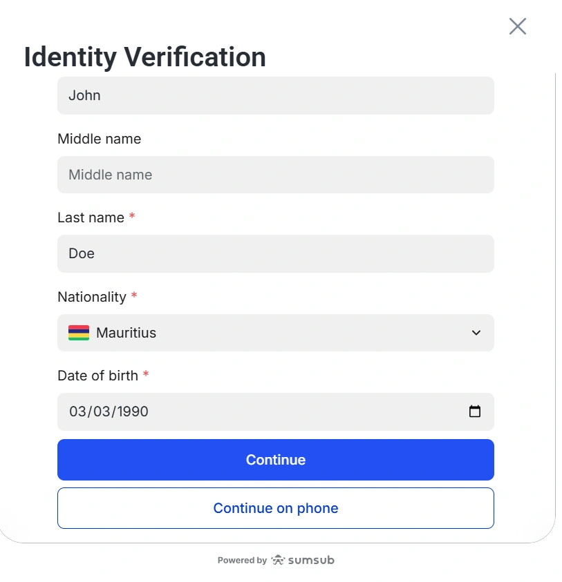 Identity Verification form showing fields for first name middle name last name nationality and date of birth with a Continue button and Continue on phone option
