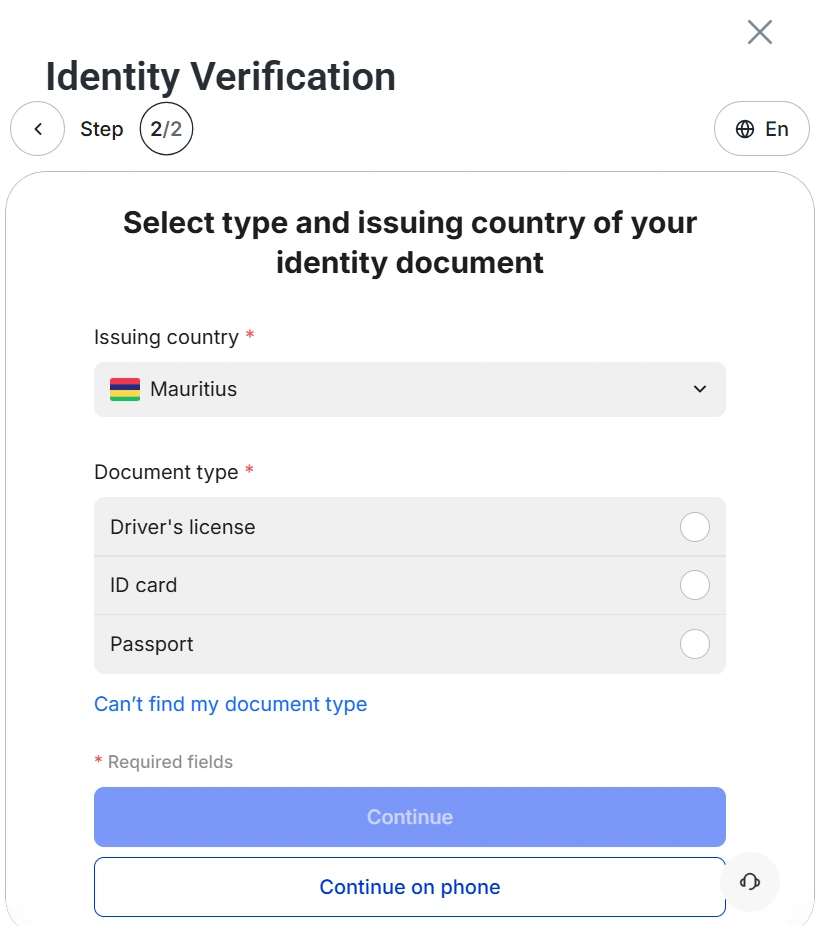 Identity Verification step 22 screen showing issuing country Mauritius and document type options Drivers license ID card Passport with a Continue button and Continue on phone option