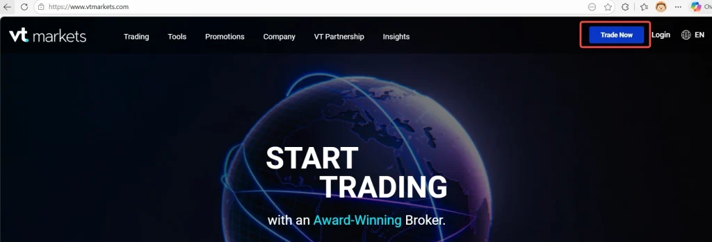 Global themed hero banner for VT Markets with a glowing globe and the bold text START TRADING and with an Award Winning Broker on a dark background