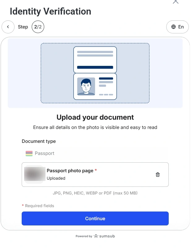 Identity Verification screen for uploading a passport document shows Upload your document passport as the document type and a thumbnail of the uploaded passport photo page with a blue Continue button below