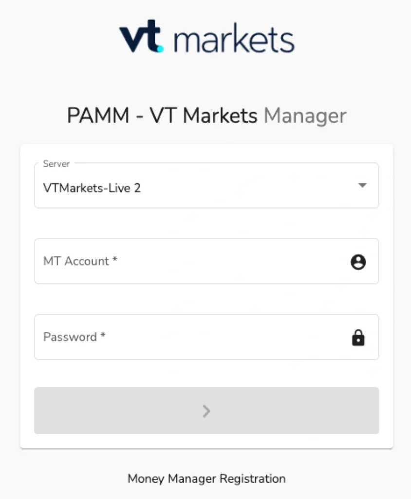 VT Markets Manager login form with server VTMarkets Live 2 MT Account and Password fields