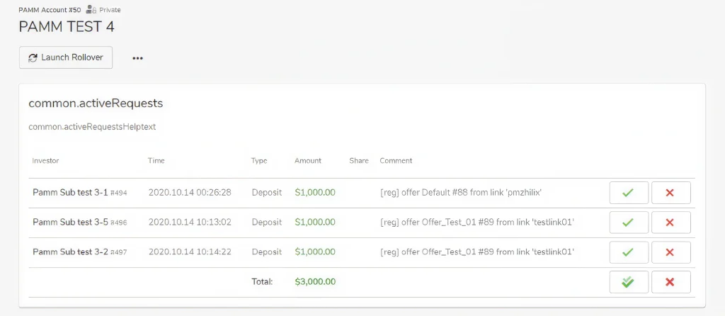 PAMM TEST 4 page showing a table of commonactiveRequests with three deposits of 0000 and approvedeny icons on the right