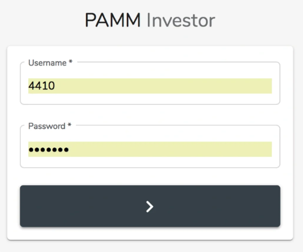 PAMM Investor login form with Username 4410 shown in a highlighted box