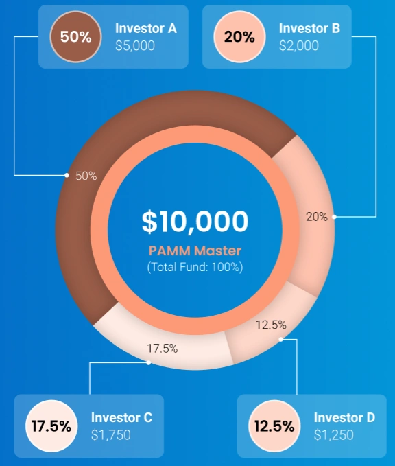 Donut chart showing a 000 PAMM Master fund with investor shares A 50 B 20 C 175 D 125