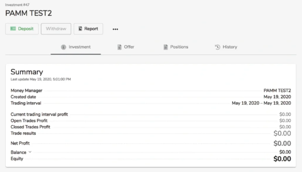PAMM TEST2 investment dashboard header with Deposit and Report buttons and a Summary panel showing last update May 19 2020 and zero profits