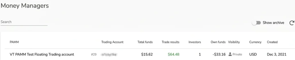 Money Managers dashboard showing a PAMM account row VT PAMM Test Floating Trading account with 62 total funds and 48 trade results green