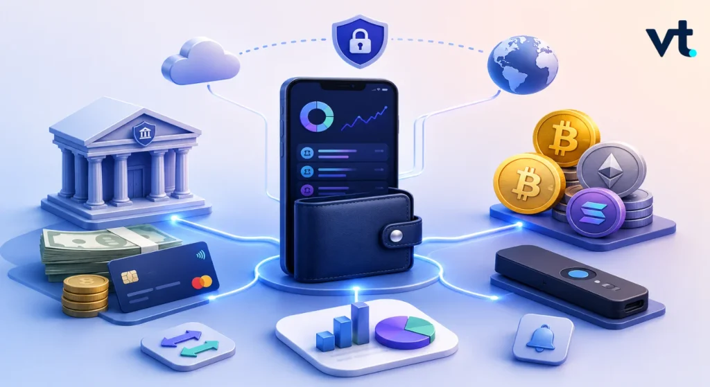 image 4 VT Markets Central mobile wallet connected to bank cards and crypto coins in a fintech network illustration emphasizing digital security and payments