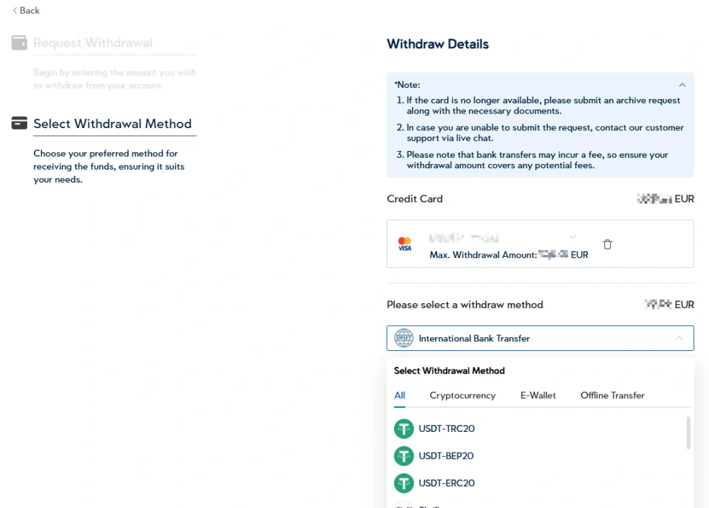image 5 VT Markets Withdrawal Details page with a highlighted International Bank Transfer option and a list of methods on the right side