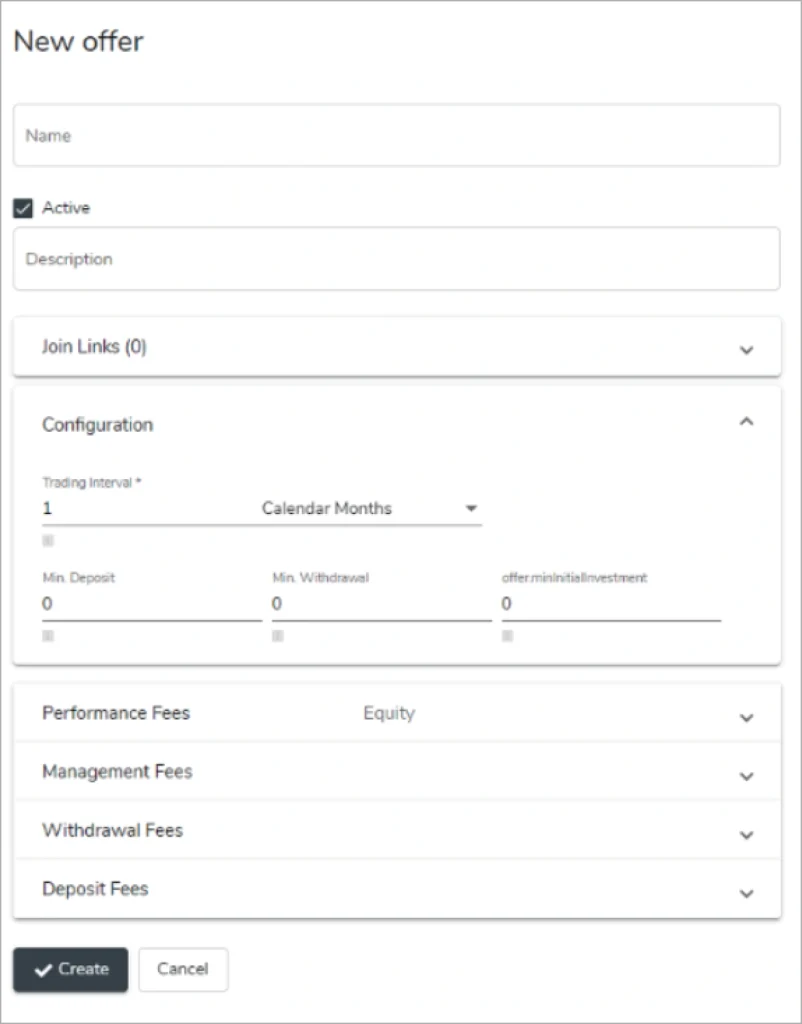 New offer form with fields for Name Active Description Join Links Configuration trading interval min depositwithdrawal investment and CreateCancel buttons