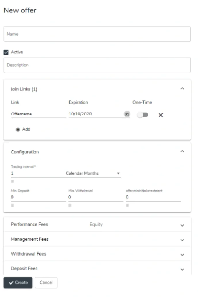 New offer form with fields for Name Active toggle Description a join link row and configuration sections including trading interval and fees CreateCancel buttons