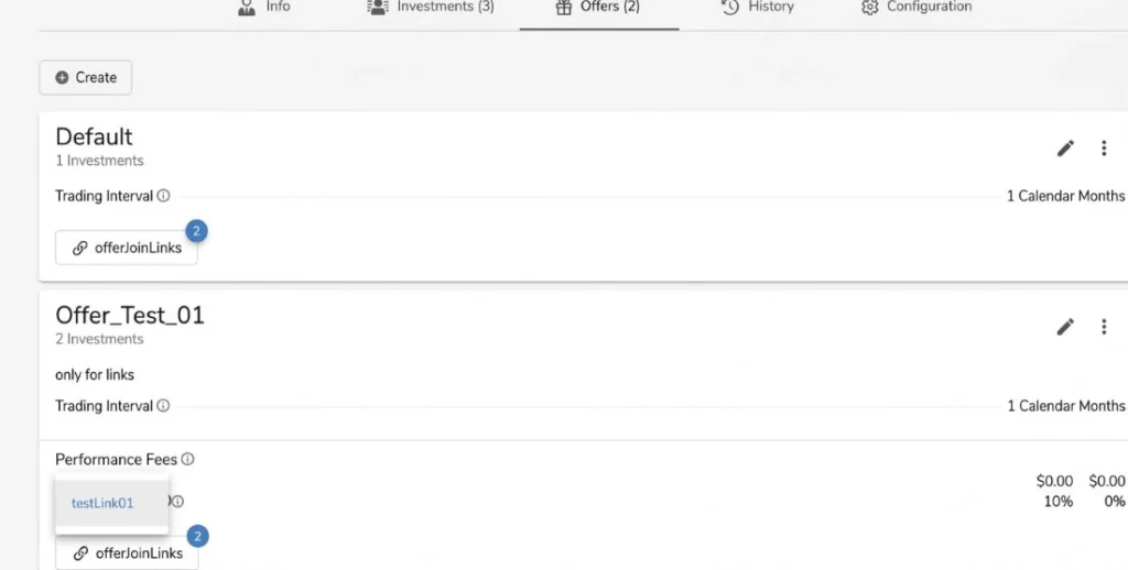 Investments dashboard listing two offers Default and Offer Test 01 with trading interval fields and an offerJoinLinks button