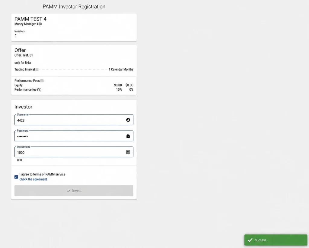 PAMM Investor Registration form with username masked password investment amount terms checkbox and Invest button