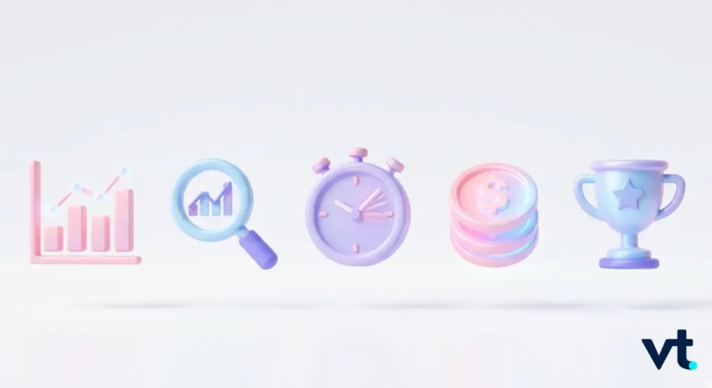 VT Markets Pastel 3D icons bar chart magnifying glass stopwatch colorful coins and a trophy