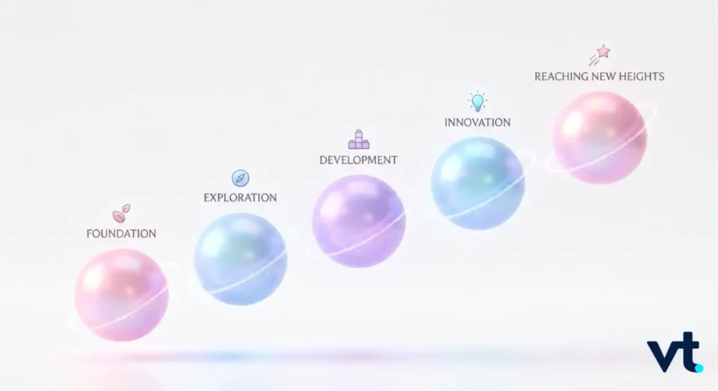 VT Markets A pastel row of glowing spheres labeled Foundation Exploration Development Innovation and Reaching New Heights with a VT logo in the bottom right corner