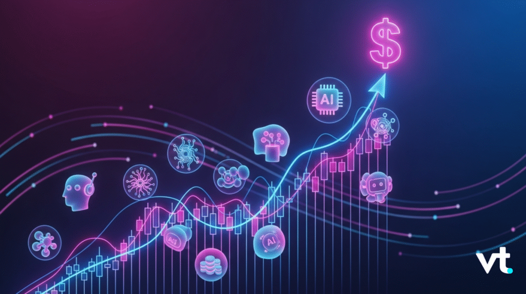 AITradeIPO VT Markets Neon finance graphic upward trending chart with AI icons and a glowing pink dollar sign in the top right VT logo bottom right