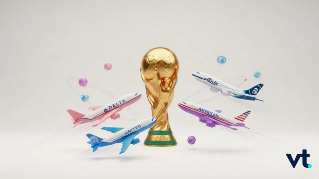 Golden World Cup trophy surrounded by colorful branded airplanes Delta United American Alaska flying around it symbolizing international travel for the event
