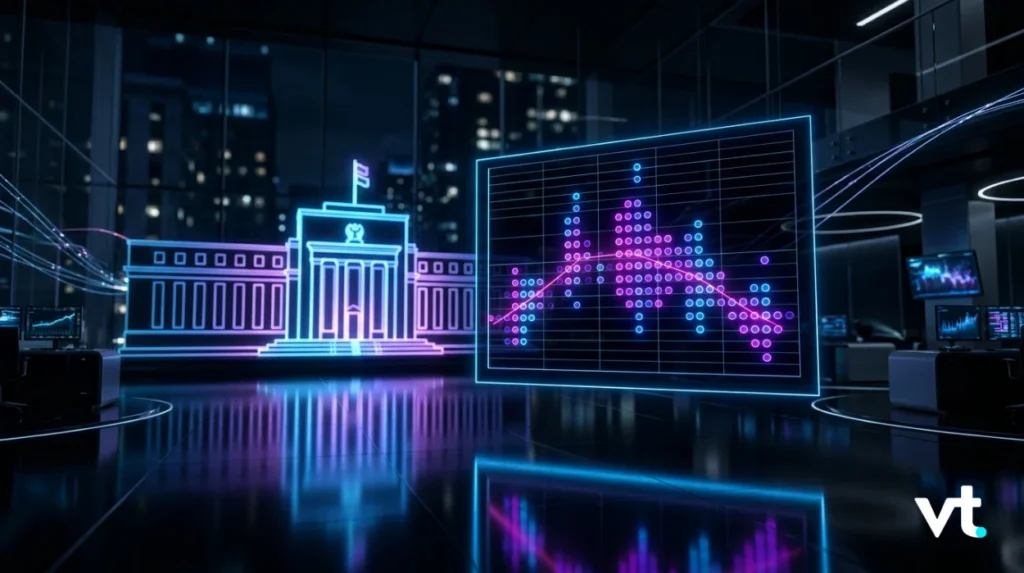DotPlot VT Markets Neon lit futuristic data hub with a glowing blueprint of a government building on the left and a large neon holographic chart on the right