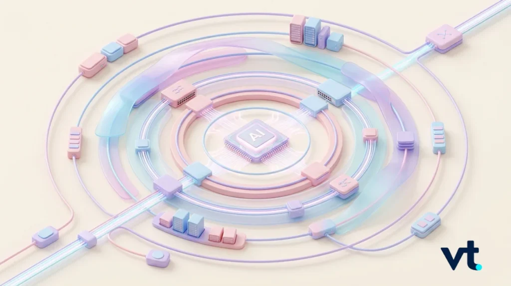 MRVL VT Markets Pastel 3D illustration of a central AI chip labeled AI surrounded by concentric rings and connected modules and cables with a VT logo in the corner