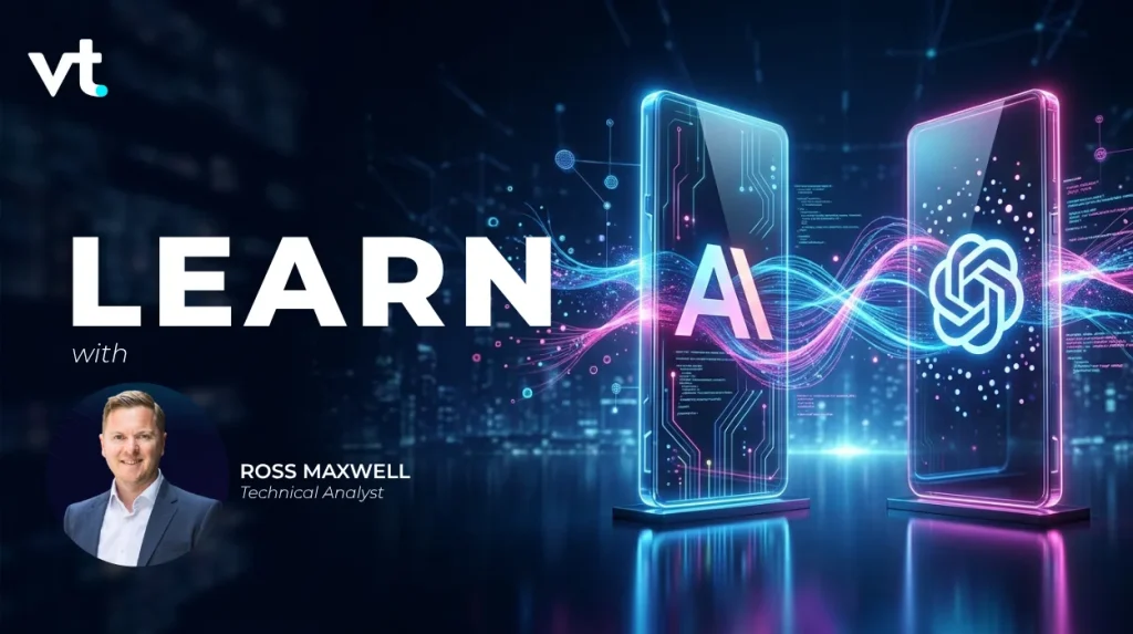 Promotional banner for AI learning with Ross Maxwell Technical Analyst neon holographic smartphones and flowing light waves