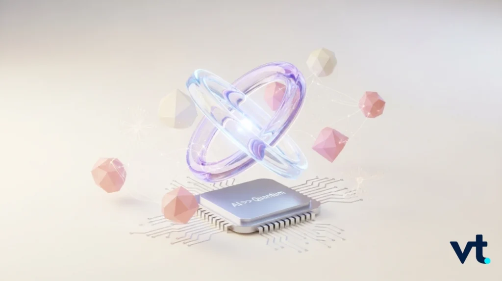 Futuristic microchip labeled AI → Quantum with glowing transparent rings orbiting above VT logo in the bottom right corner
