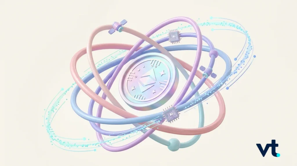 Abstract illustration of multicolored orbital rings circling a central emblem with stars symbolizing technology VT logo at bottom right