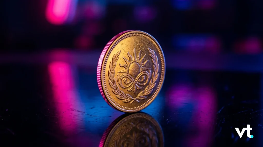 WMO 26 VT Markets Gold coin balanced on its edge on a glossy surface with neon pink and blue lights in the background VT watermark bottom right