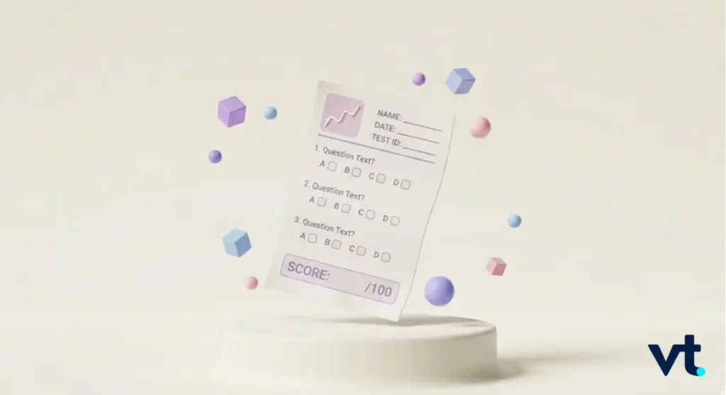 A test paper with namedate fields and multiple choice questions floats above a pedestal surrounded by pastel 3D cubes and spheres VT logo in corner