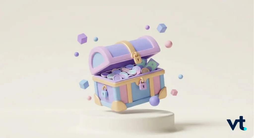 Pastel treasure chest overflowing with coins and floating geometric shapes on a pale background with a VT logo in the corner