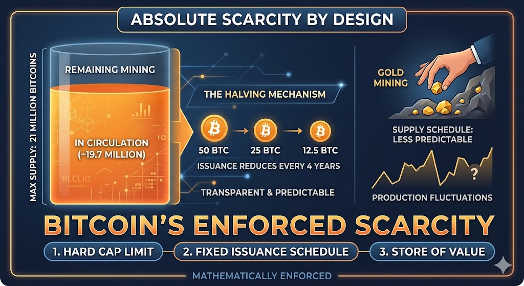 caeeed2664934a4a85ecb43c6afe523b VT Markets Infographic titled Bitcoins Enforced Scarcity showing remaining Bitcoin supply and a halving schedule with 50 25 and 125 BTC plus gold mining and price fluctuations on the right