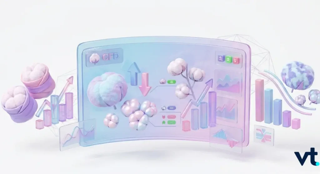 VT Markets Pastel 3D dashboard with charts arrows and cloud icons on a curved translucent screen