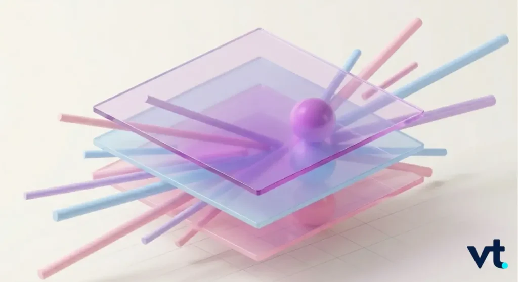 VT Markets Abstract sculpture with three translucent pink and blue squares surrounded by pastel rods on a light background