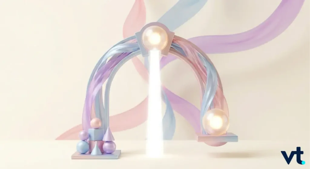 VT Markets Pastel sculpture with ribbons arching over a glowing central pillar with pastel spheres and cones on a base VT logo bottom right